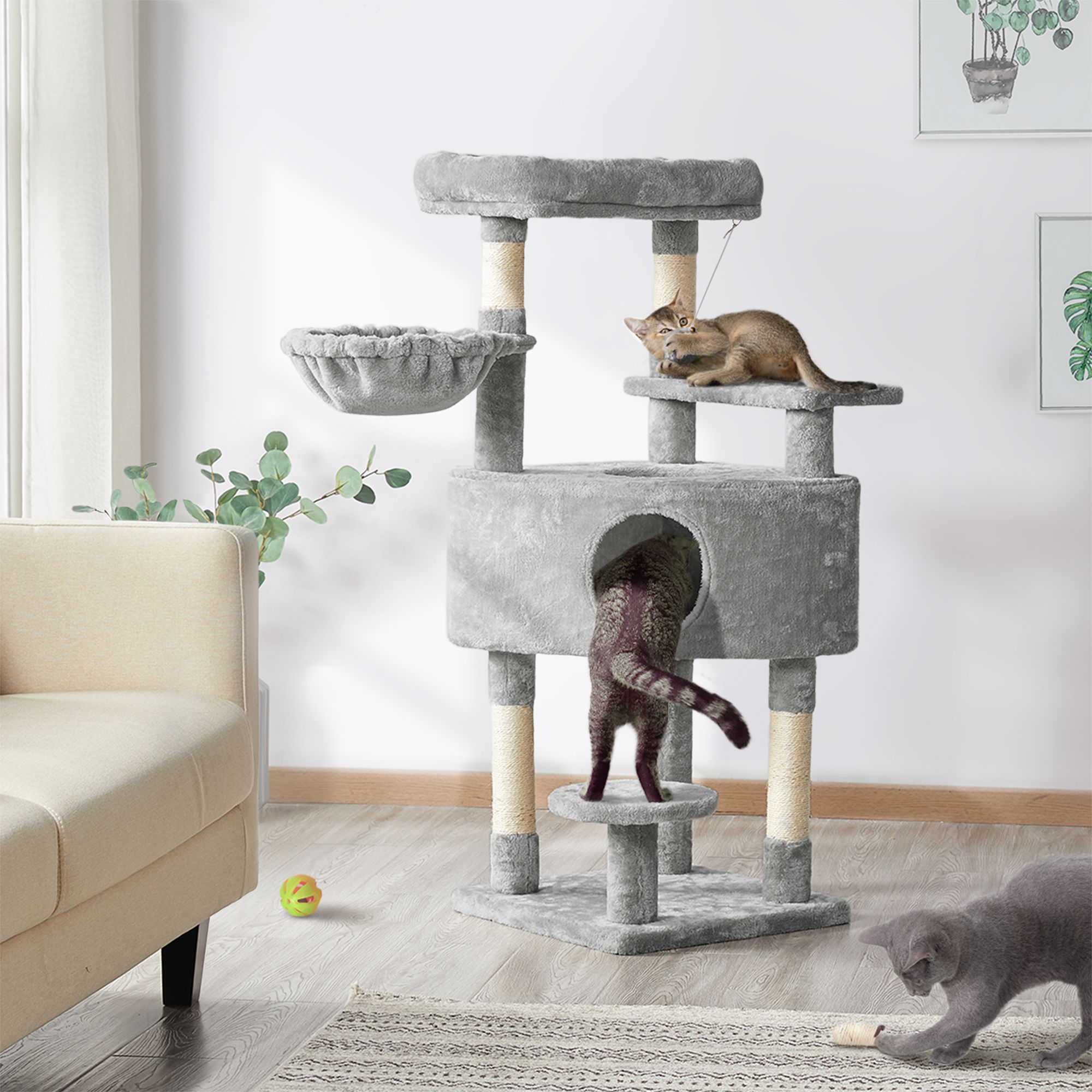 Yaheetech 46-in Multi-Level Cat Tree with Large Condo, Perch and Basket, Light Gray - thumbnail 2