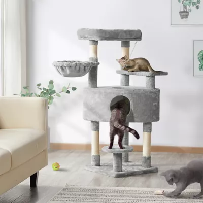 Yaheetech 46-in Multi-Level Cat Tree with Large Condo, Perch and Basket, Light Gray - Image 2