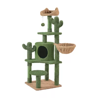 Yaheetech 53-in Cactus Cat Tree with Condo, Perch and Basket, Green/Brown - Image 1