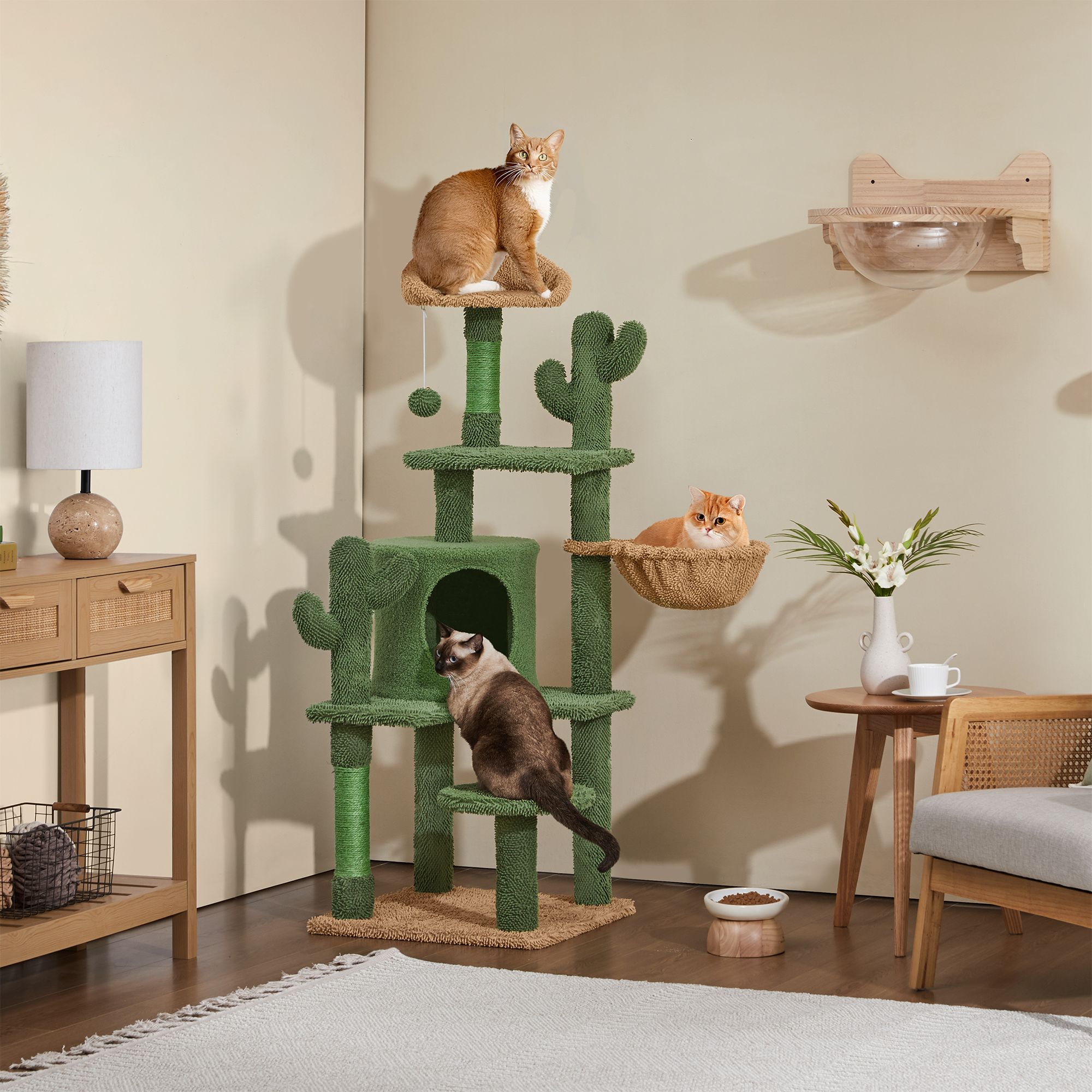 Yaheetech 53-in Cactus Cat Tree with Condo, Perch and Basket, Green/Brown - thumbnail 2