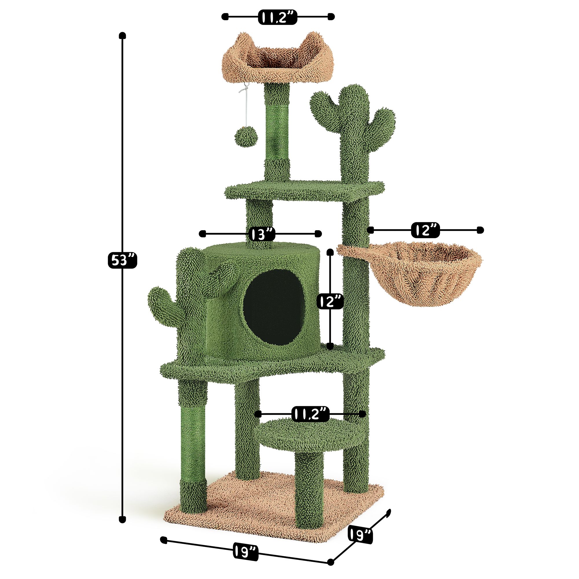 Yaheetech 53-in Cactus Cat Tree with Condo, Perch and Basket, Green/Brown - thumbnail 3