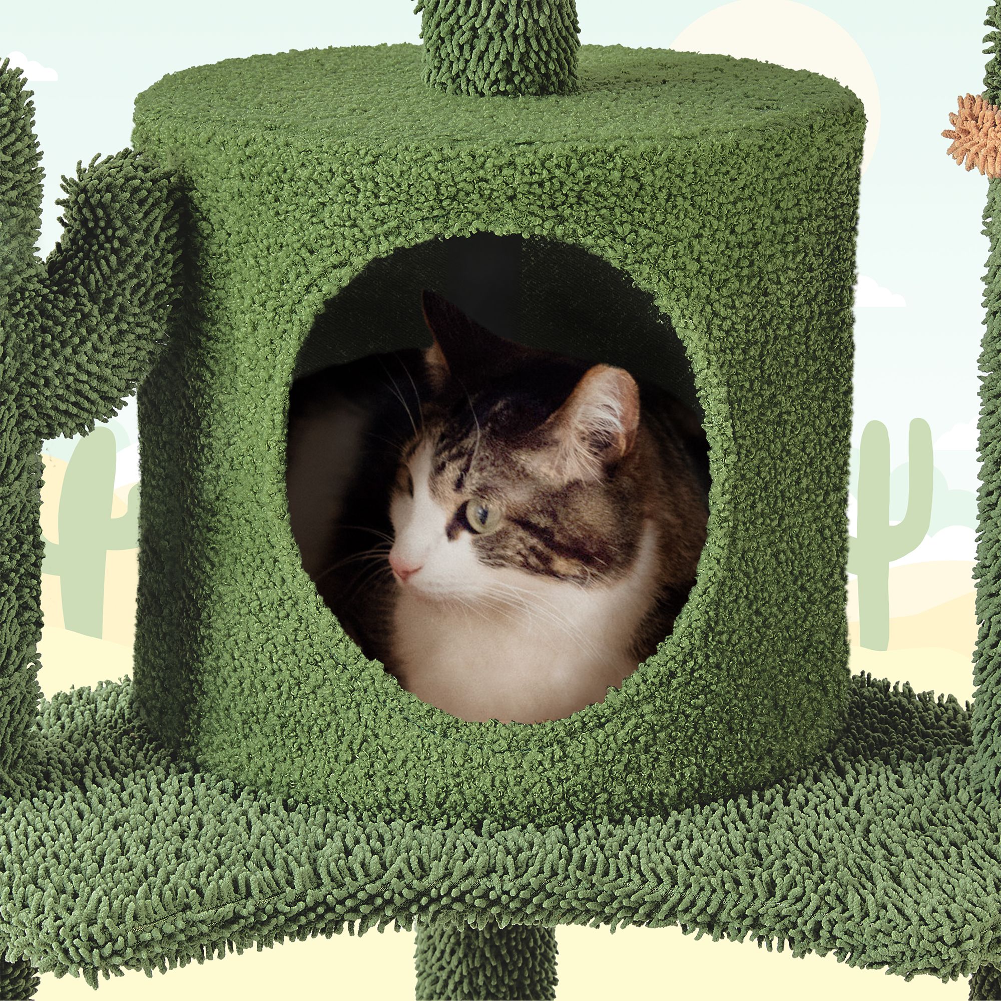 Yaheetech 53-in Cactus Cat Tree with Condo, Perch and Basket, Green/Brown - thumbnail 5