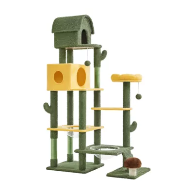 Yaheetech 68.5-in Oasis-Themed Cat Tree with 2 Condos and 3 Perches, Green/Yellow - Image 1