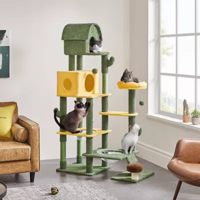 Yaheetech 68.5-in Oasis-Themed Cat Tree with 2 Condos and 3 Perches, Green/Yellow - Image 2
