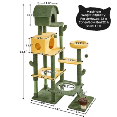 Yaheetech 68.5-in Oasis-Themed Cat Tree with 2 Condos and 3 Perches, Green/Yellow - Image 3