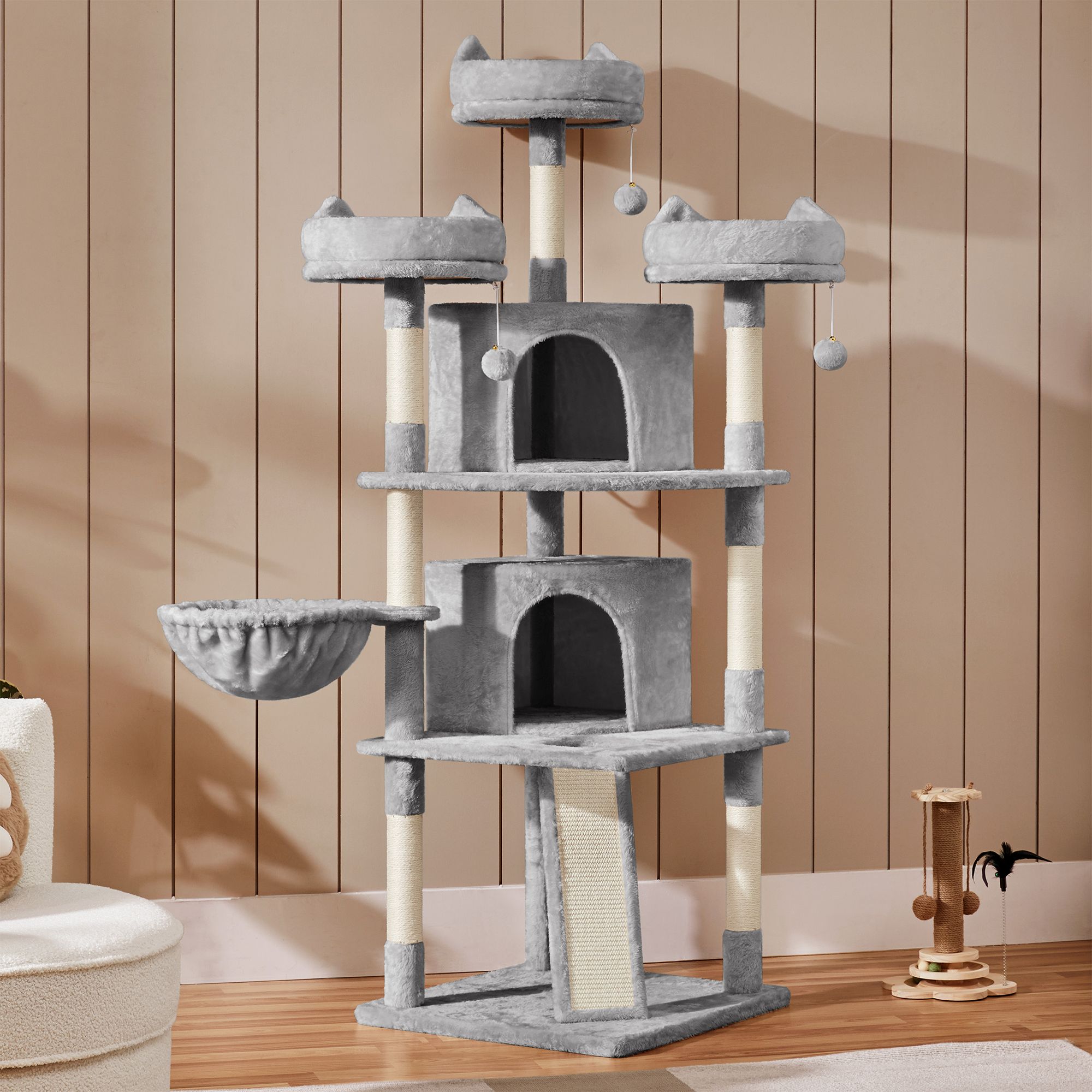 Yaheetech 69-in Multi-Level Cat Tree with 2 Condos, 3 Perches, Basket and Scratching Board - thumbnail 2