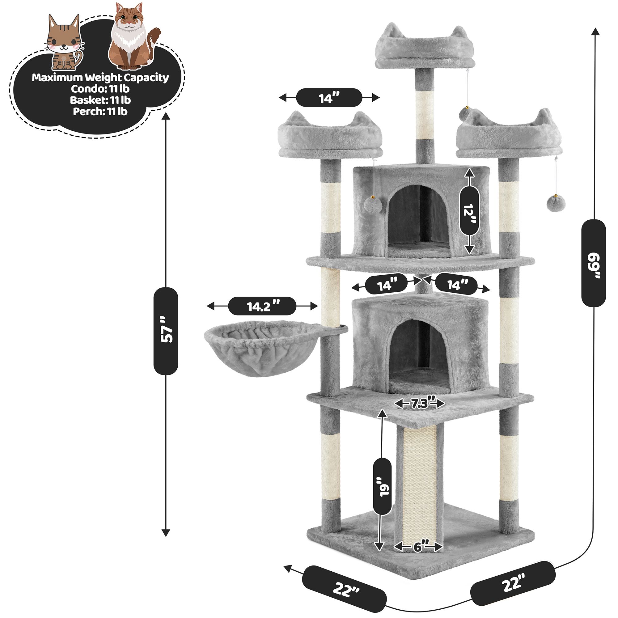 Yaheetech 69-in Multi-Level Cat Tree with 2 Condos, 3 Perches, Basket and Scratching Board - thumbnail 3