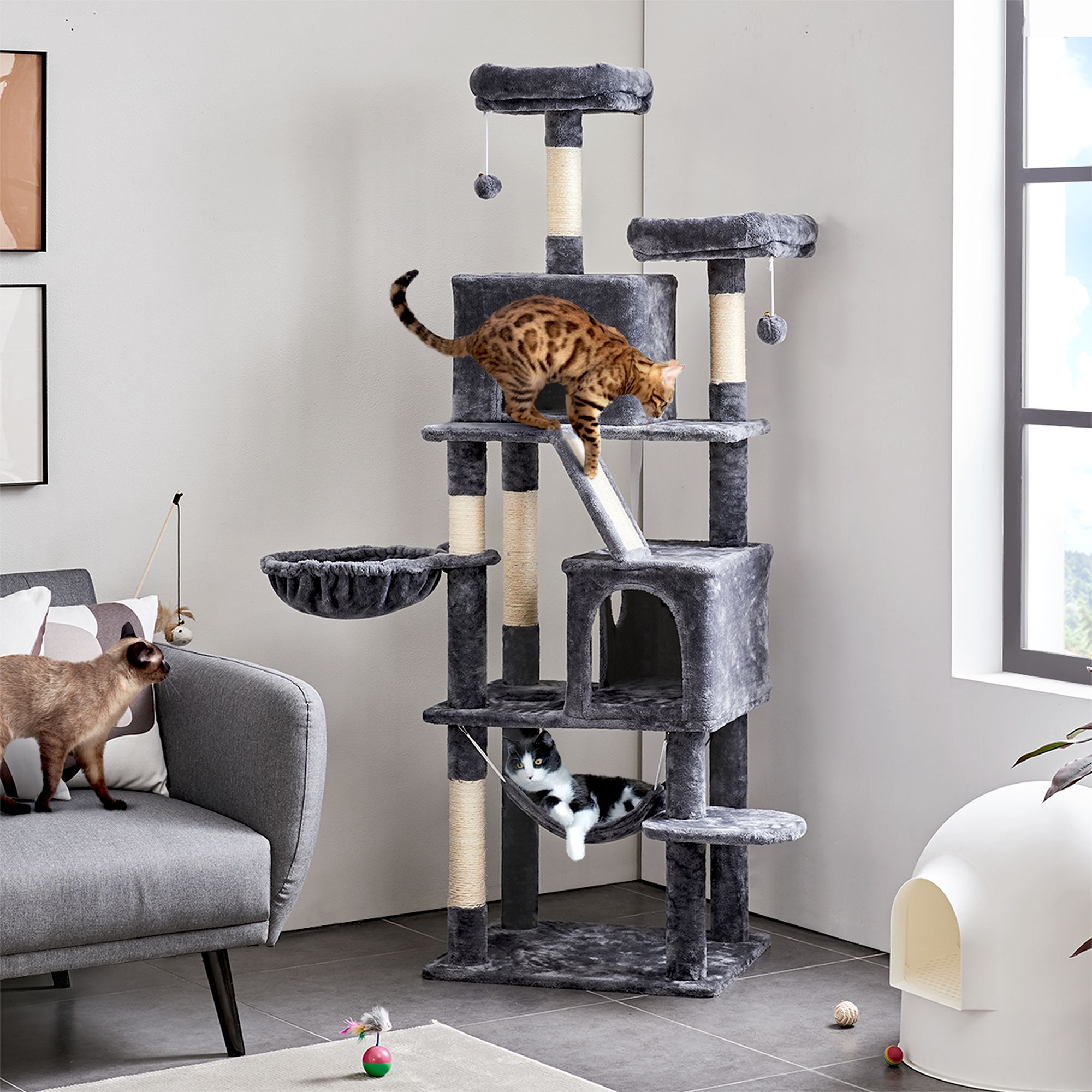 Yaheetech 71.5-in Multi-Level Cat Tree with 2 Condos, 2 Perches, Basket and Hammock - thumbnail 2