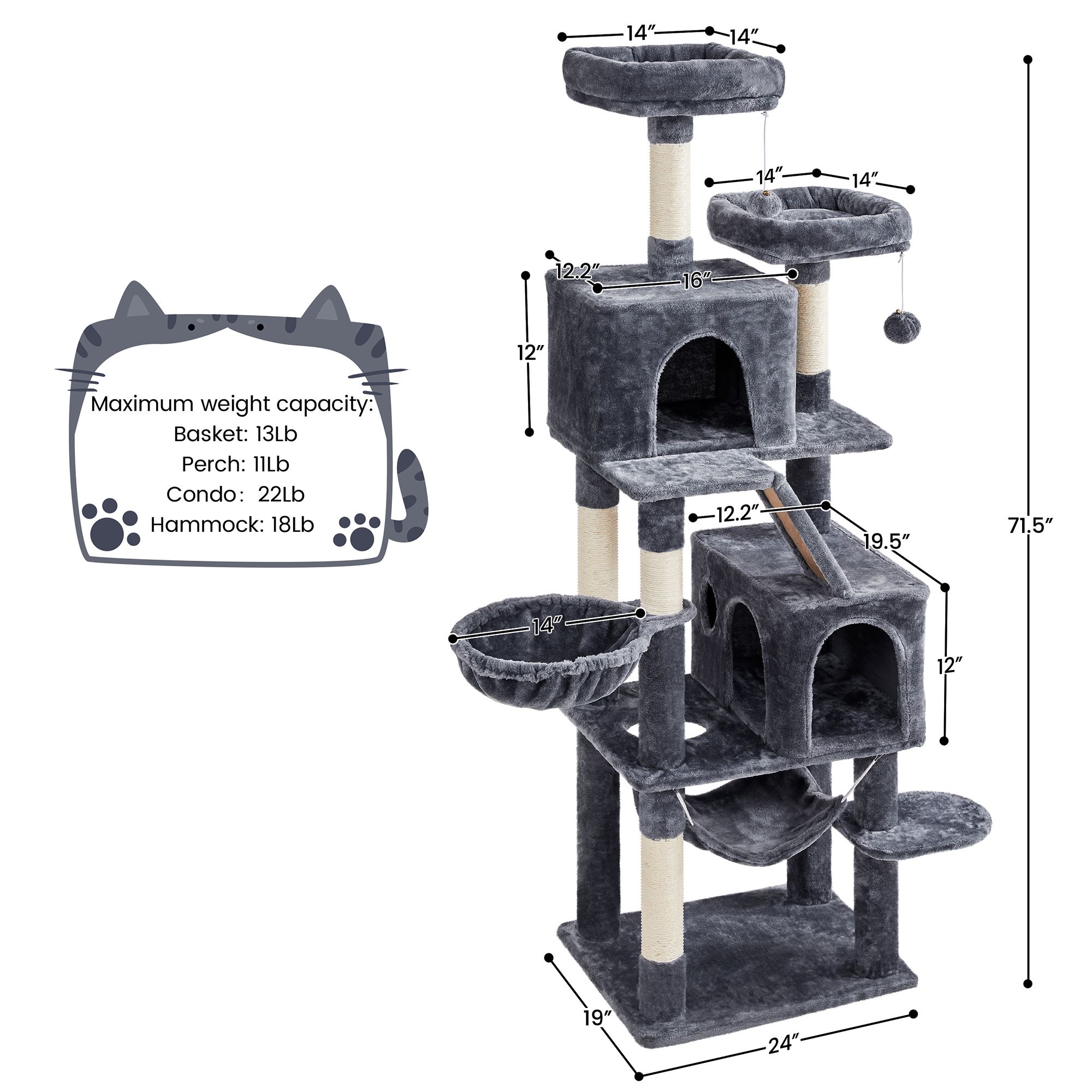 Yaheetech 71.5-in Multi-Level Cat Tree with 2 Condos, 2 Perches, Basket and Hammock - thumbnail 3