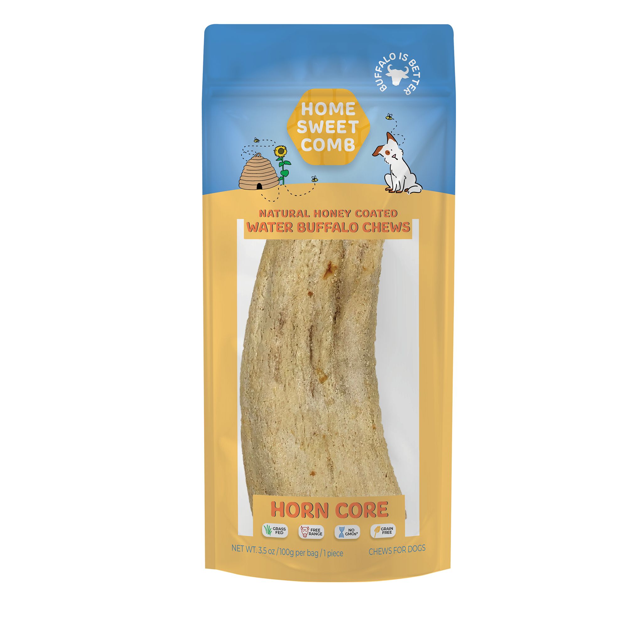Home Sweet Comb, Natural Honey Coated, Water Buffalo Horn Core Dog Chew 1 ct, 3.5 OZ by Home Sweet Comb