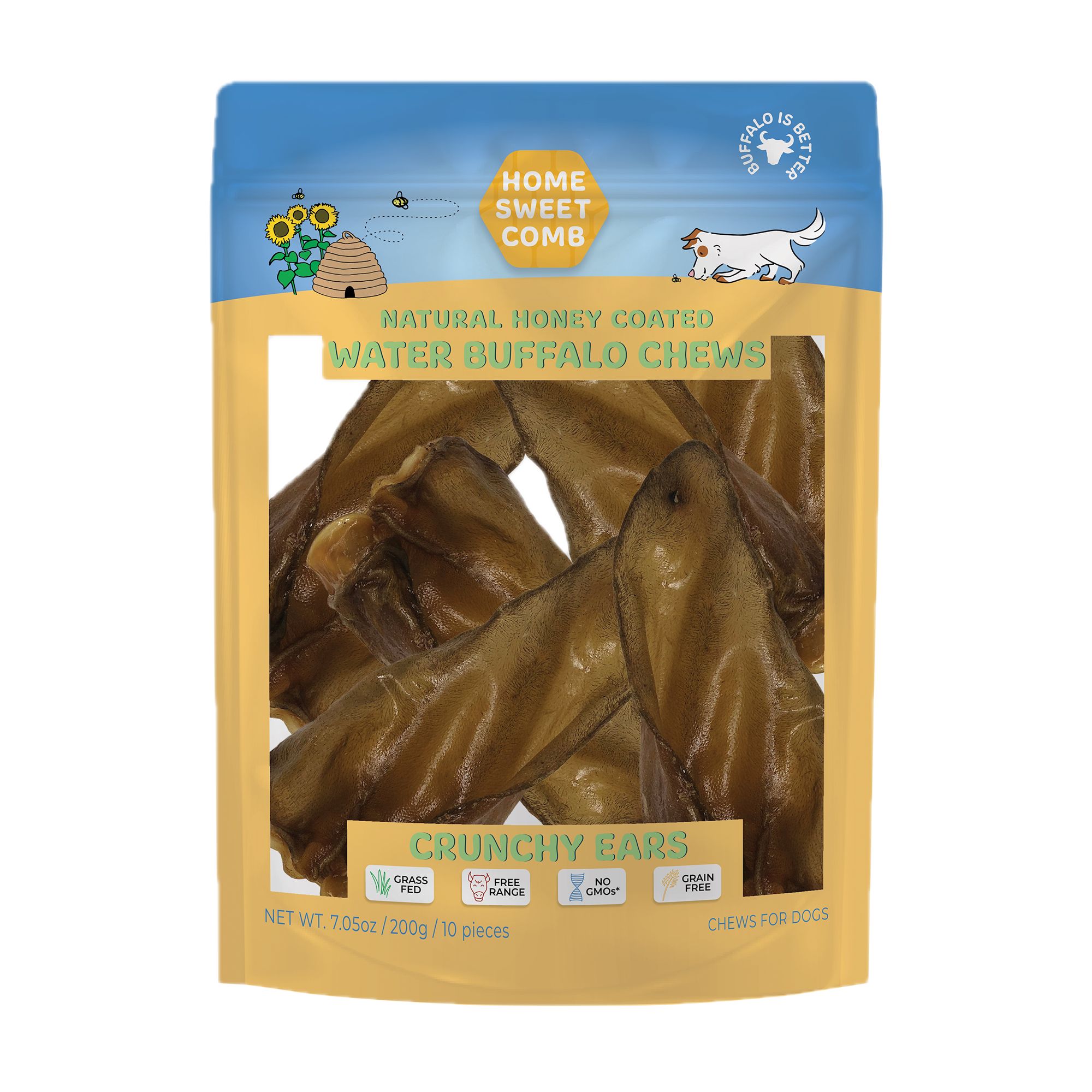 Home Sweet Comb, Nautral Honey Coated, Water Buffalo Crunchy Ears Dog Chews by Home Sweet Comb