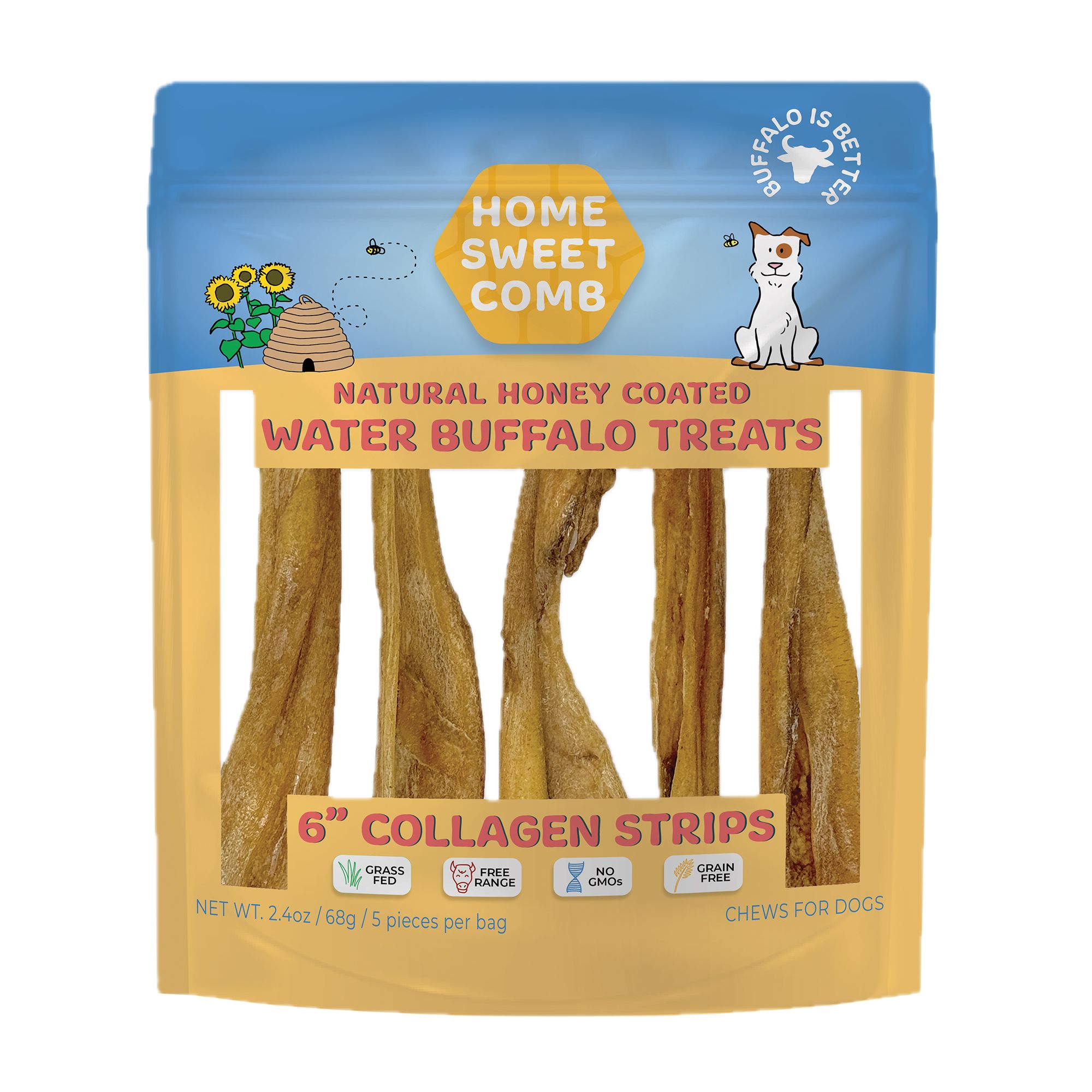 Home Sweet Comb, Natural Honey Coated, Water Buffalo Collagen Strips Dog Chews - 5 ct. 6" by Home Sweet Comb