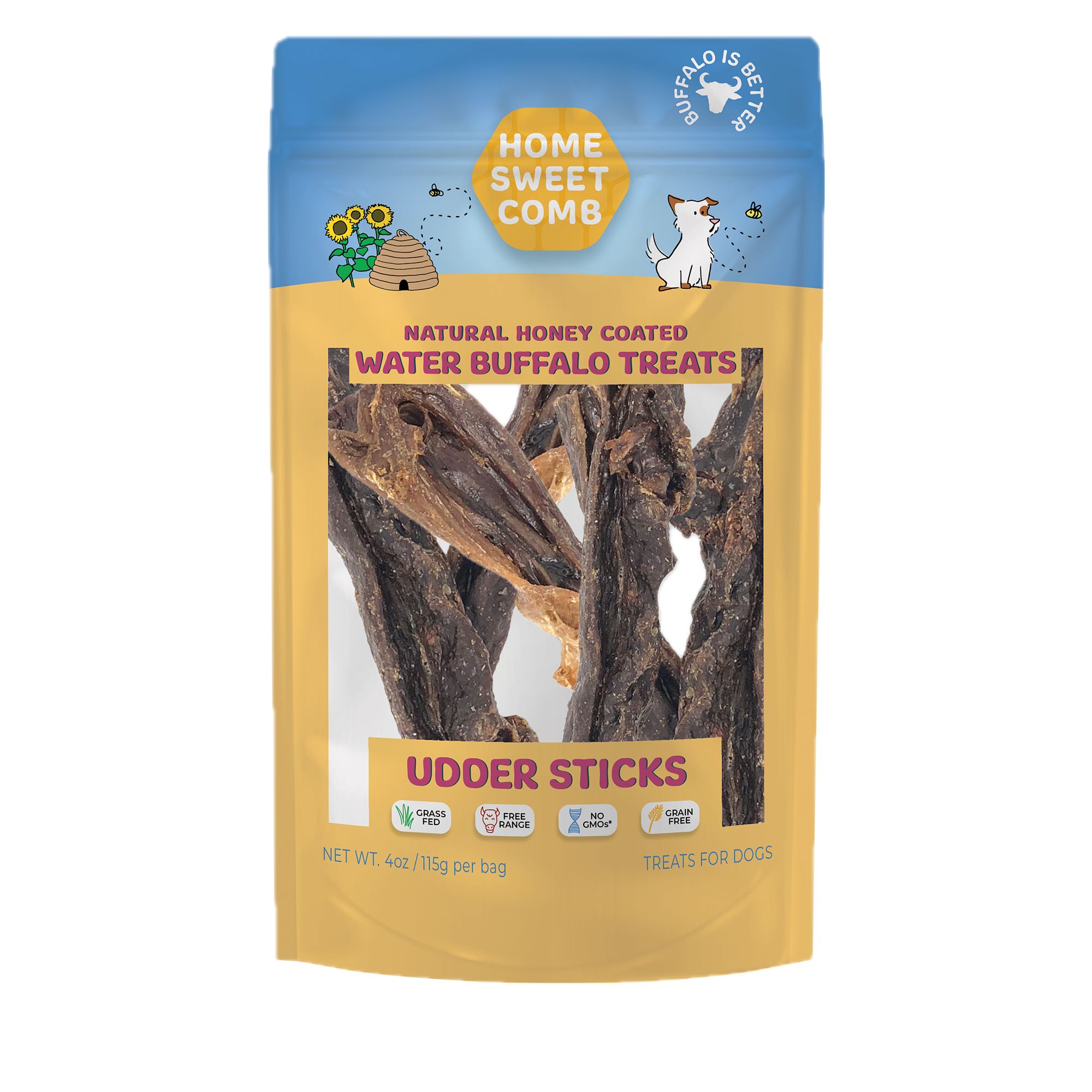 Home Sweet Comb, Natural Honey Coated, Water Buffalo Udder Sticks Dog Chews 4 OZ by Home Sweet Comb