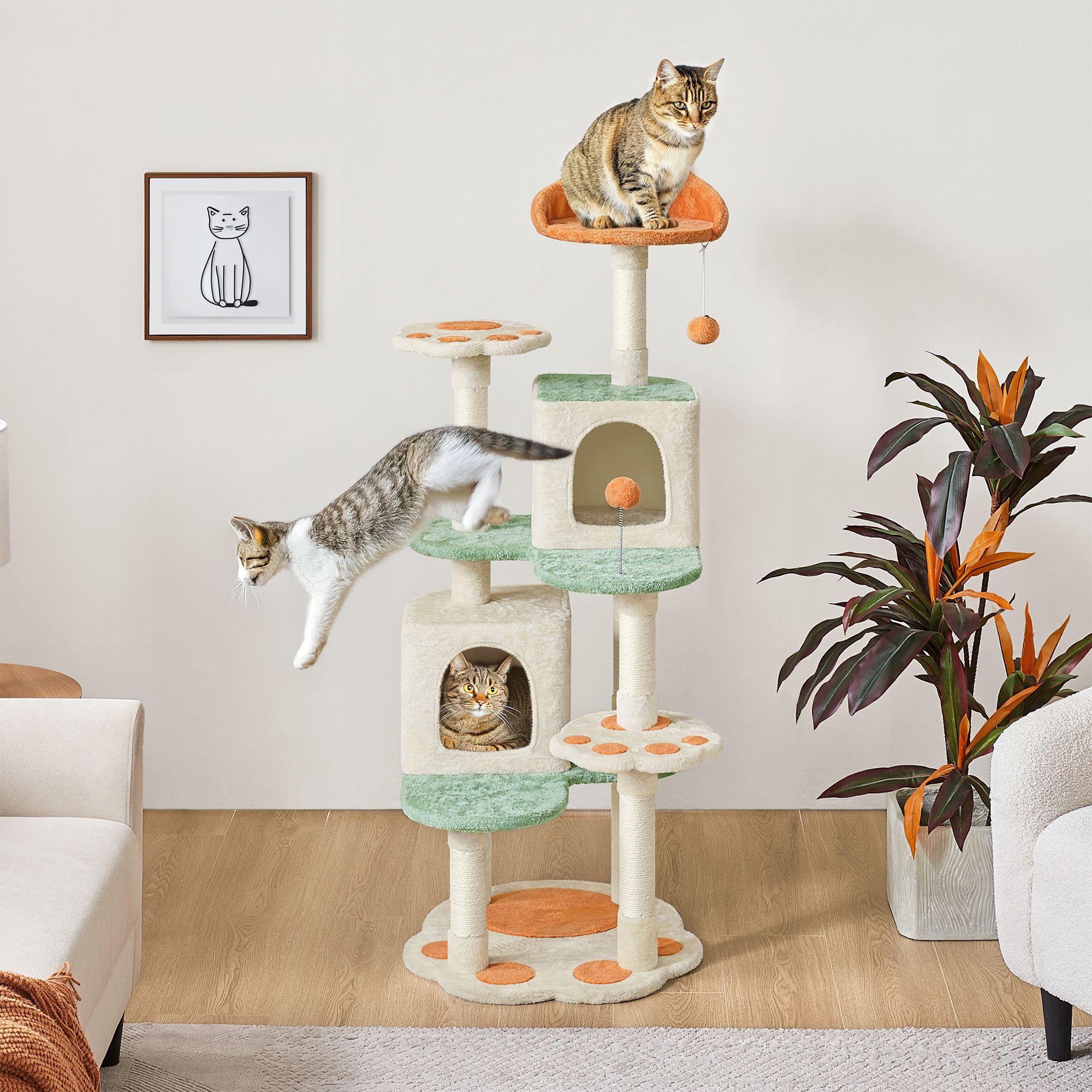 Yaheetech 58-in Cat Paw-Shaped Multi-Level Cat Tree with 2 Condos and 2 Perches, Beige - thumbnail 2