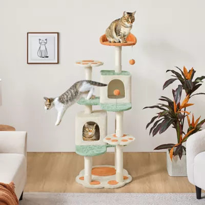 Yaheetech 58-in Cat Paw-Shaped Multi-Level Cat Tree with 2 Condos and 2 Perches, Beige - Image 2