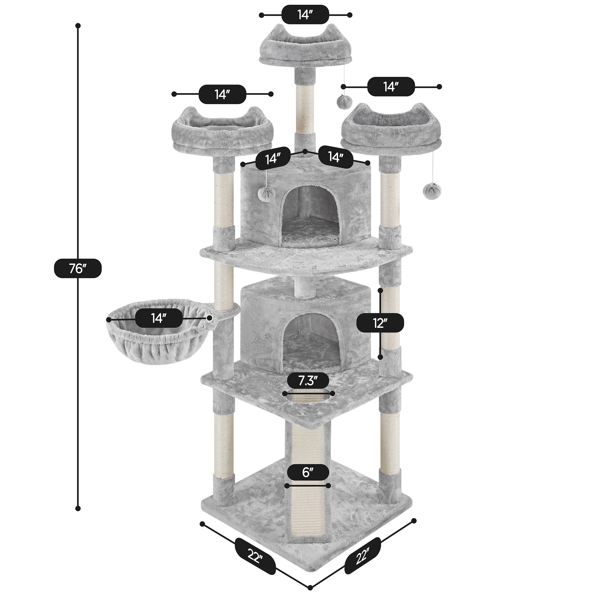 Yaheetech 76-in Multi-Level Cat Tree with 2 Condos, 3 Perches and Scratching Board, Light Gray - thumbnail 3