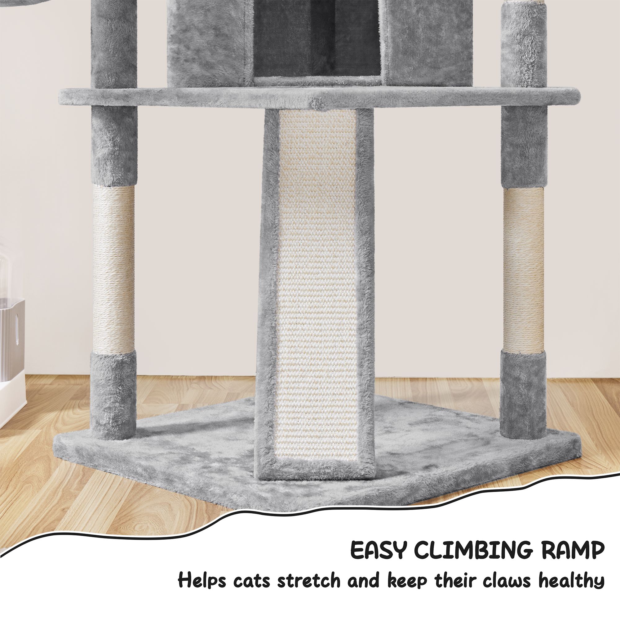 Yaheetech 76-in Multi-Level Cat Tree with 2 Condos, 3 Perches and Scratching Board, Light Gray - thumbnail 4
