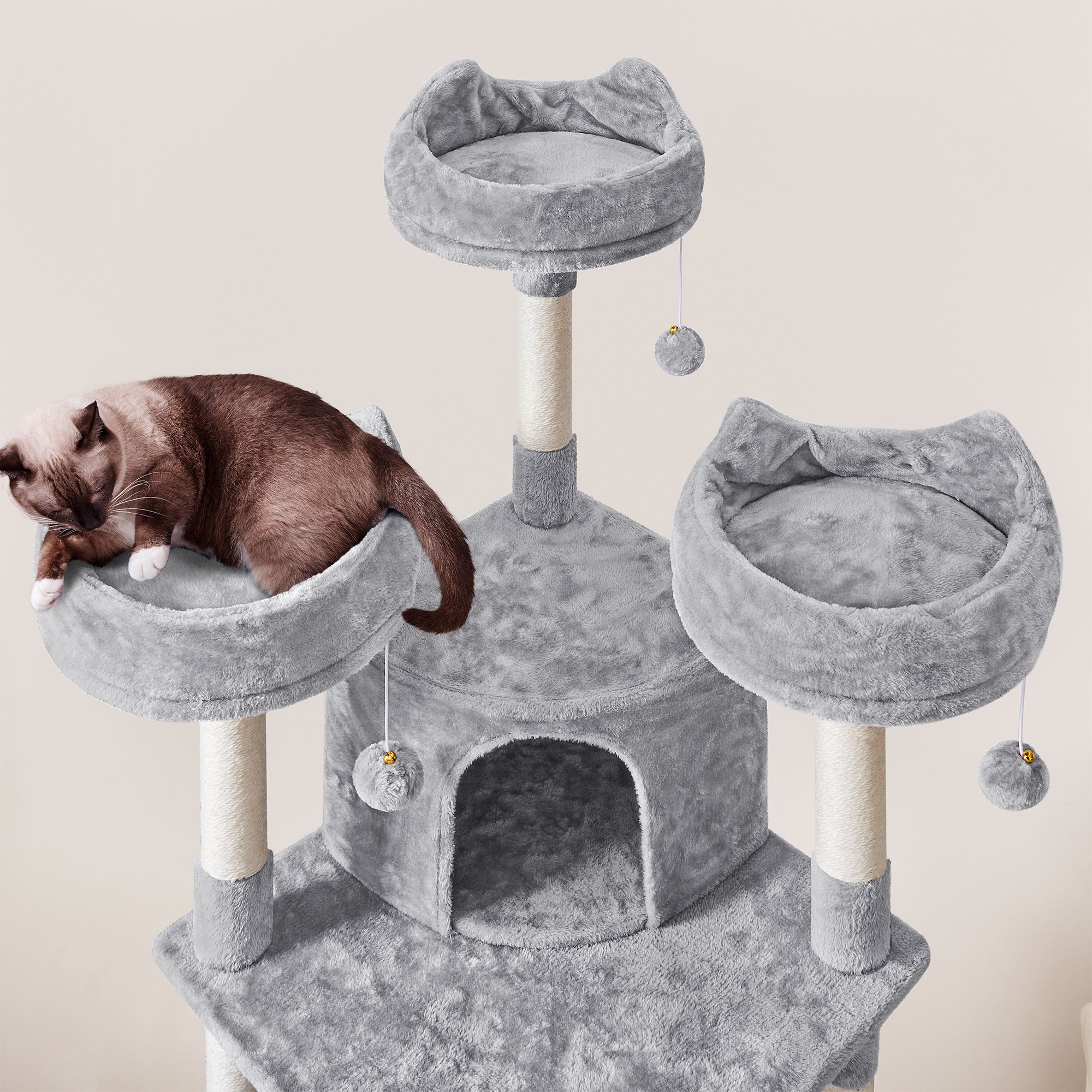 Yaheetech 76-in Multi-Level Cat Tree with 2 Condos, 3 Perches and Scratching Board, Light Gray - thumbnail 5
