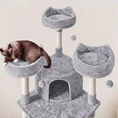 Yaheetech 76-in Multi-Level Cat Tree with 2 Condos, 3 Perches and Scratching Board, Light Gray - Image 5