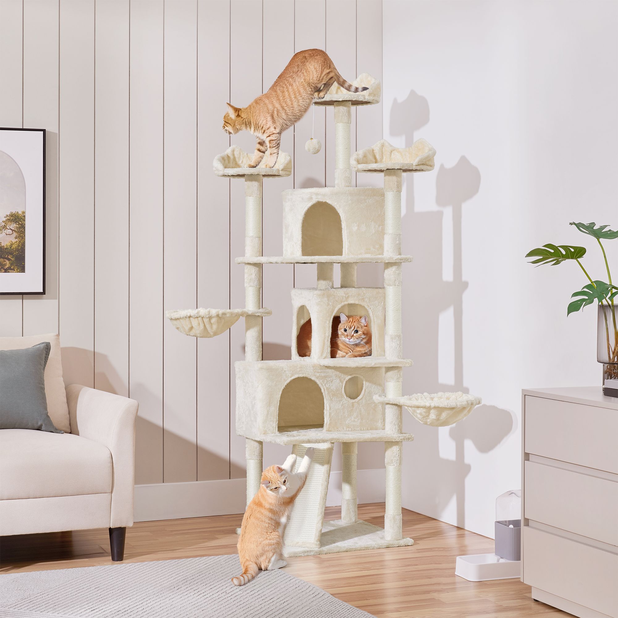 Yaheetech 76.5-in Multi-Level Cat Tree with 3 Condos, 3 Perches and 2 Baskets, Beige - thumbnail 2