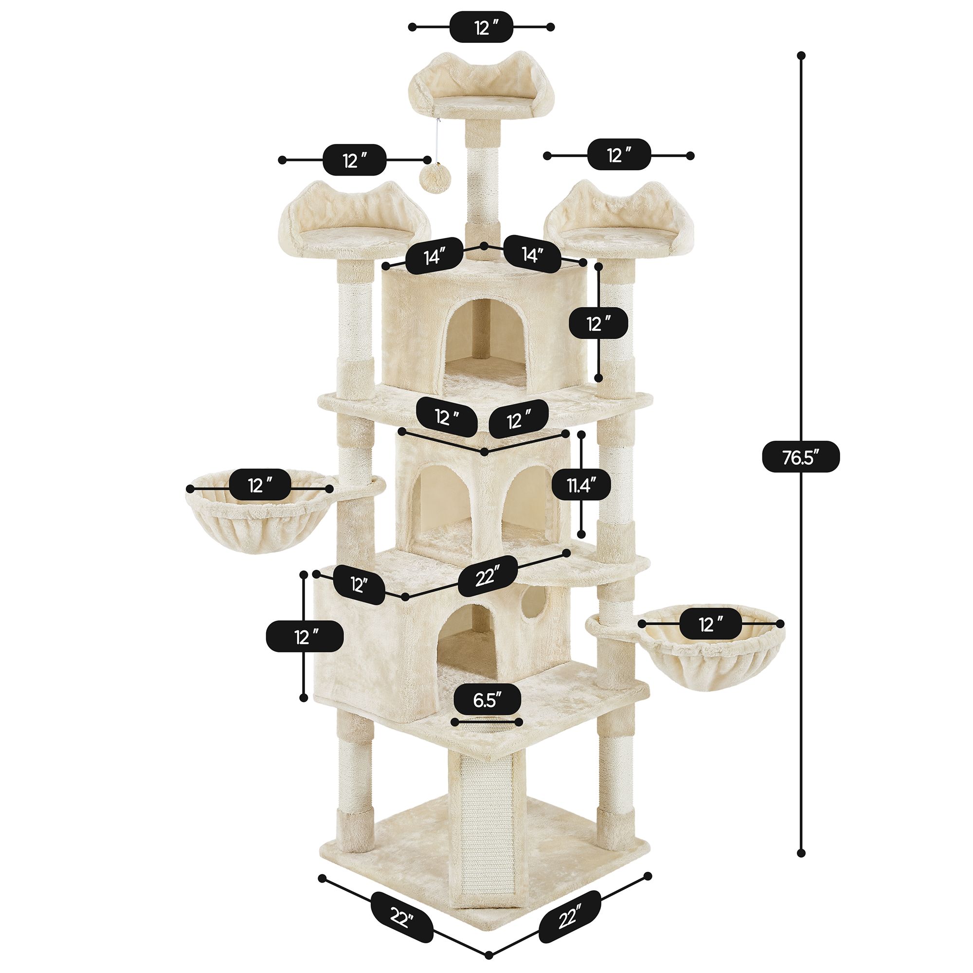 Yaheetech 76.5-in Multi-Level Cat Tree with 3 Condos, 3 Perches and 2 Baskets, Beige - thumbnail 3