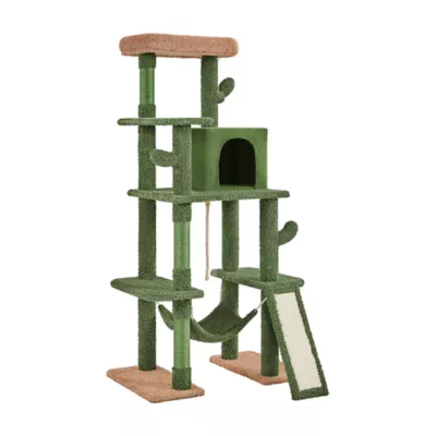 Yaheetech 63-in Cactus Cat Tree with Condo, Hammock and Scratching Board, Green/Brown - Image 1