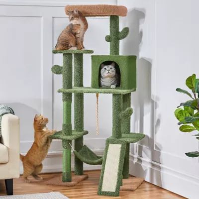 Yaheetech 63-in Cactus Cat Tree with Condo, Hammock and Scratching Board, Green/Brown - Image 2