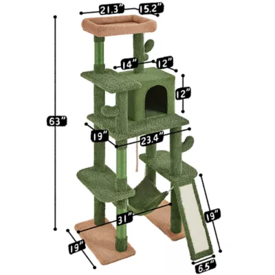 Yaheetech 63-in Cactus Cat Tree with Condo, Hammock and Scratching Board, Green/Brown - Image 3
