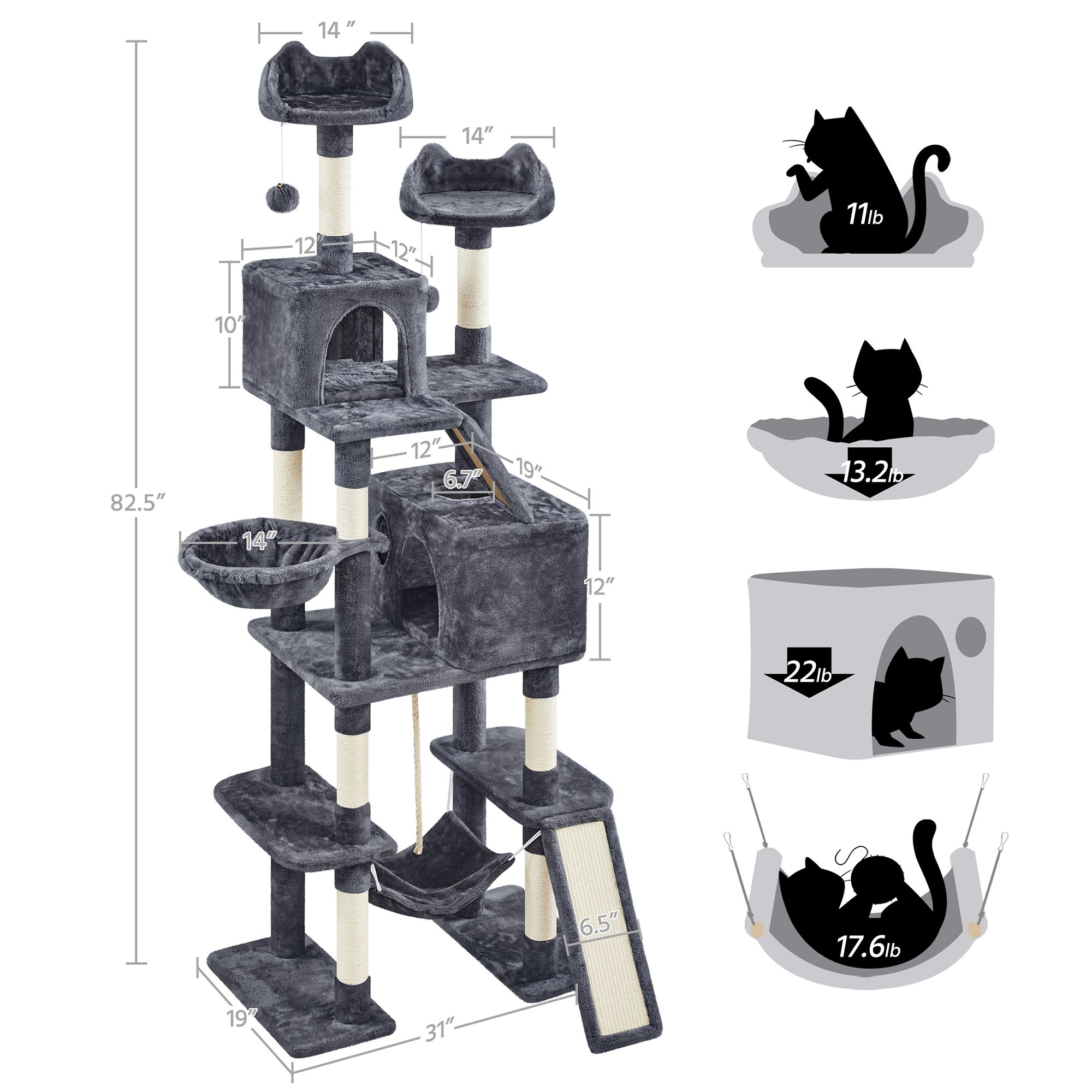 Yaheetech 82.5-in Multi-Level Cat Tree with 2 Condos, 2 Perches, Hammock and Scratching Boards - thumbnail 3