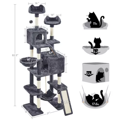 Yaheetech 82.5-in Multi-Level Cat Tree with 2 Condos, 2 Perches, Hammock and Scratching Boards - Image 3
