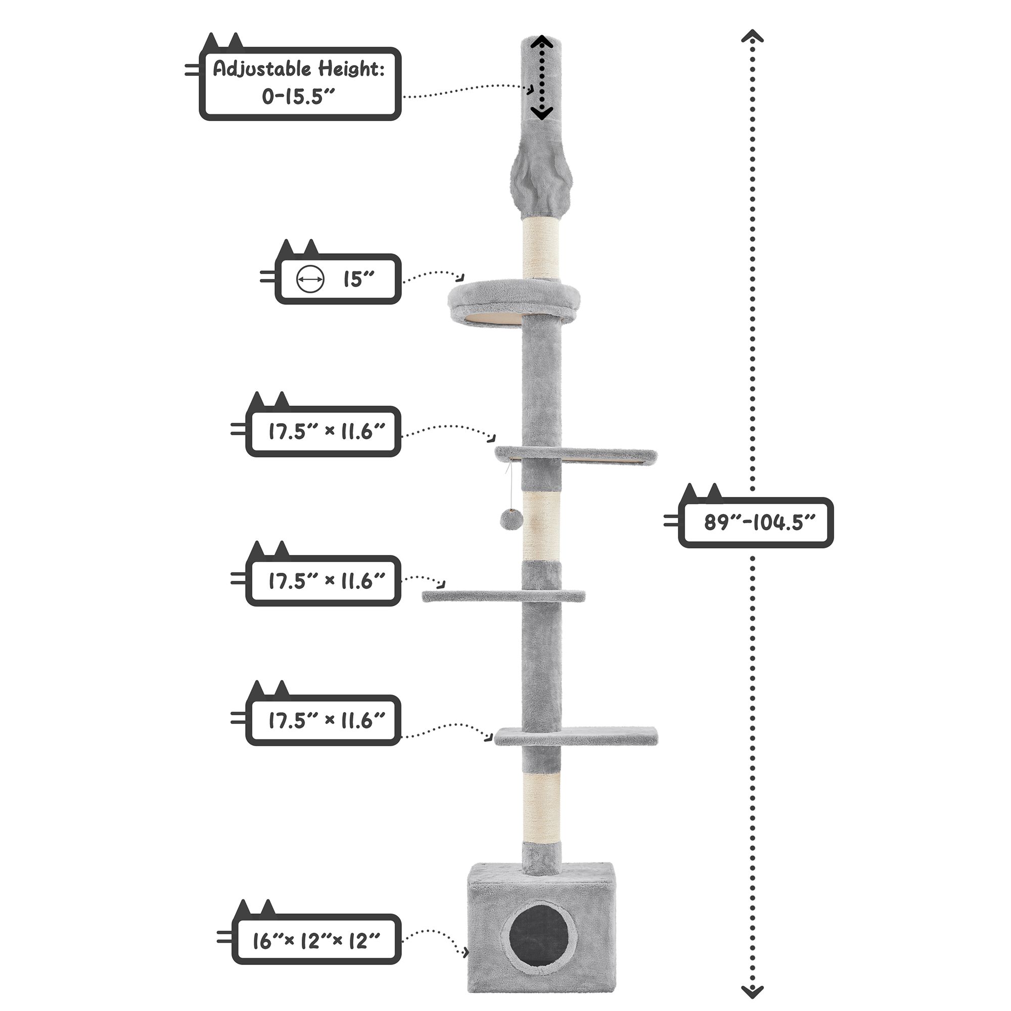 Yaheetech 89-104.5-in Adjustable Floor-to-Ceiling Cat Tree with Condo and 4 Perches - thumbnail 3