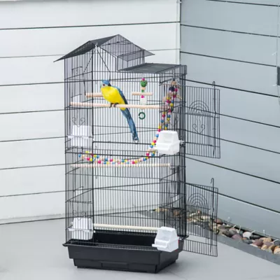 PawHut 39"H Bird Cage with Ladder, Swing, Toys, Perches, Tray, Feeding Bowls - Image 2