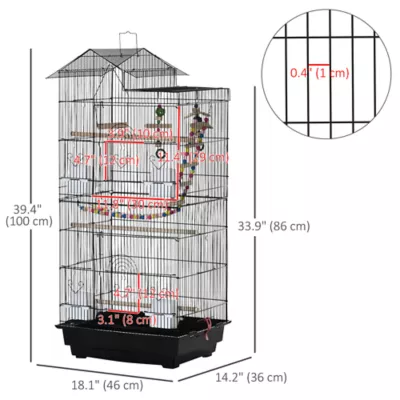 PawHut 39"H Bird Cage with Ladder, Swing, Toys, Perches, Tray, Feeding Bowls - Image 3