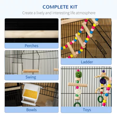 PawHut 39"H Bird Cage with Ladder, Swing, Toys, Perches, Tray, Feeding Bowls - Image 4