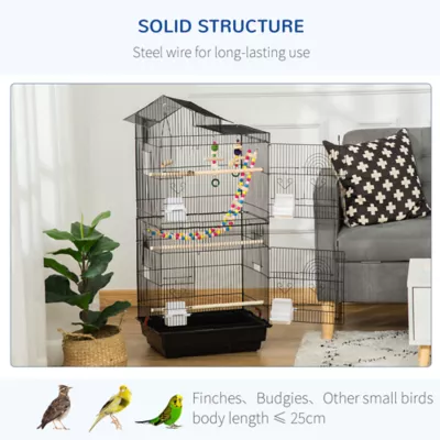 PawHut 39"H Bird Cage with Ladder, Swing, Toys, Perches, Tray, Feeding Bowls - Image 6
