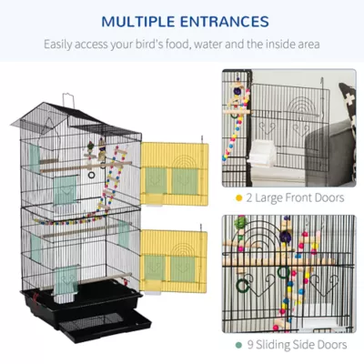 PawHut 39"H Bird Cage with Ladder, Swing, Toys, Perches, Tray, Feeding Bowls - Image 7