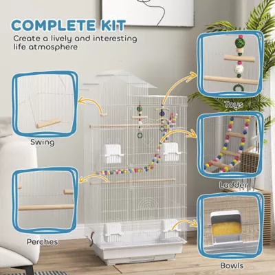 PawHut 39"H Bird Cage with Ladder, Swing, Toys, Perches, Tray, Feeding Bowls - Image 4