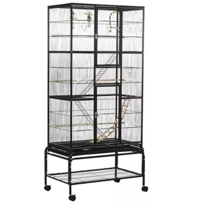 PawHut 71"H Bird Cage with Wheels, Perches, Ramp, Storgae Shelf, Toys - Image 1