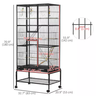 PawHut 71"H Bird Cage with Wheels, Perches, Ramp, Storgae Shelf, Toys - Image 3