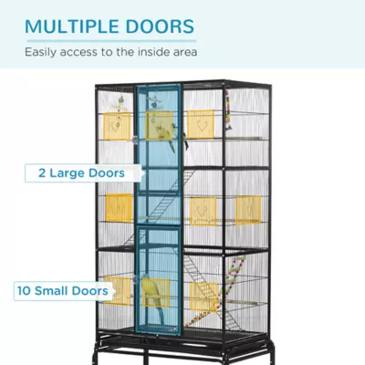PawHut 71"H Bird Cage with Wheels, Perches, Ramp, Storgae Shelf, Toys - Image 4