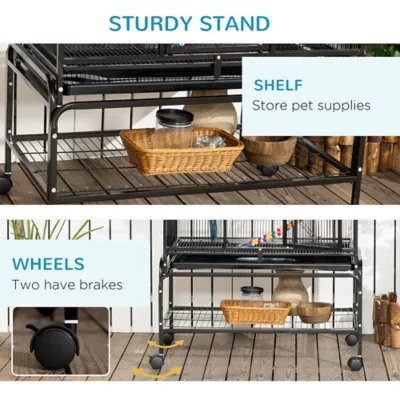 PawHut 71"H Bird Cage with Wheels, Perches, Ramp, Storgae Shelf, Toys - Image 7