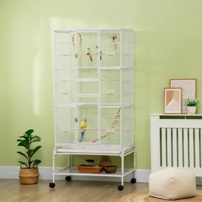 PawHut 71"H Bird Cage with Wheels, Perches, Ramp, Storgae Shelf, Toys - Image 2