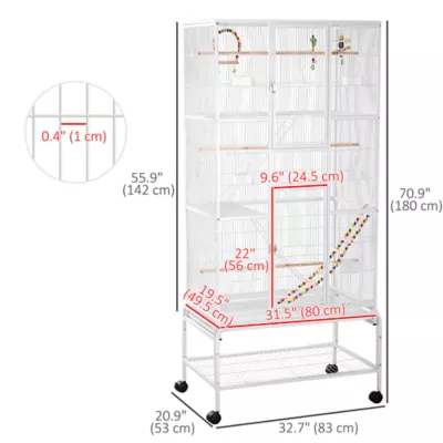 PawHut 71"H Bird Cage with Wheels, Perches, Ramp, Storgae Shelf, Toys - Image 3