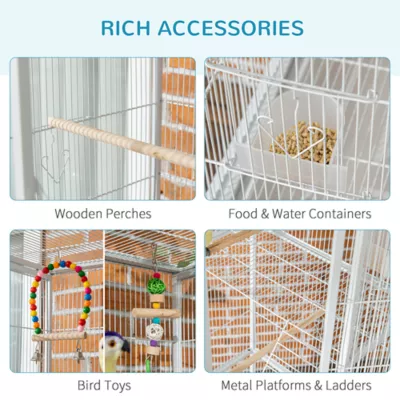 PawHut 71"H Bird Cage with Wheels, Perches, Ramp, Storgae Shelf, Toys - Image 5