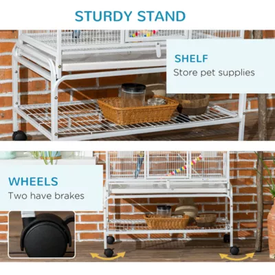 PawHut 71"H Bird Cage with Wheels, Perches, Ramp, Storgae Shelf, Toys - Image 7