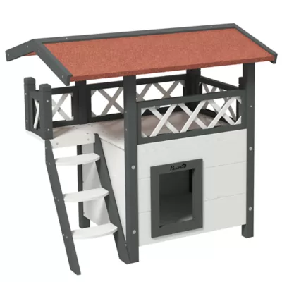 PawHut Wooden 2-Story Shelter for Cats with Asphalt Roof, Stairs, Balcony, 30" x 20" x 29" - Image 1