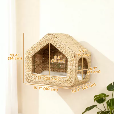 PawHut Cat Wall Shelf, Wall Mounted Cat House with Washable Cushion - Image 3