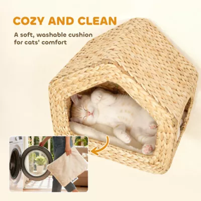 PawHut Cat Wall Shelf, Wall Mounted Cat House with Washable Cushion - Image 5