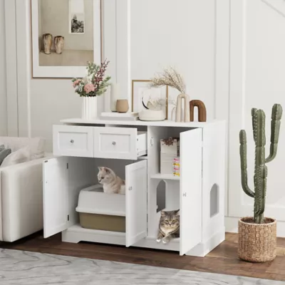 PawHut Cat Litter Box Enclosure with Drawer, Storage, Anti-tip Kit - Image 2