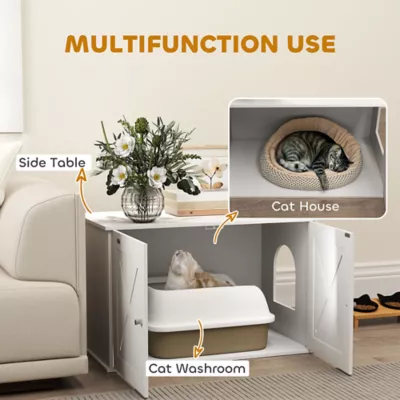 PawHut Hidden Cat Litter Box Enclosure with Double Doors, Hole - Image 4